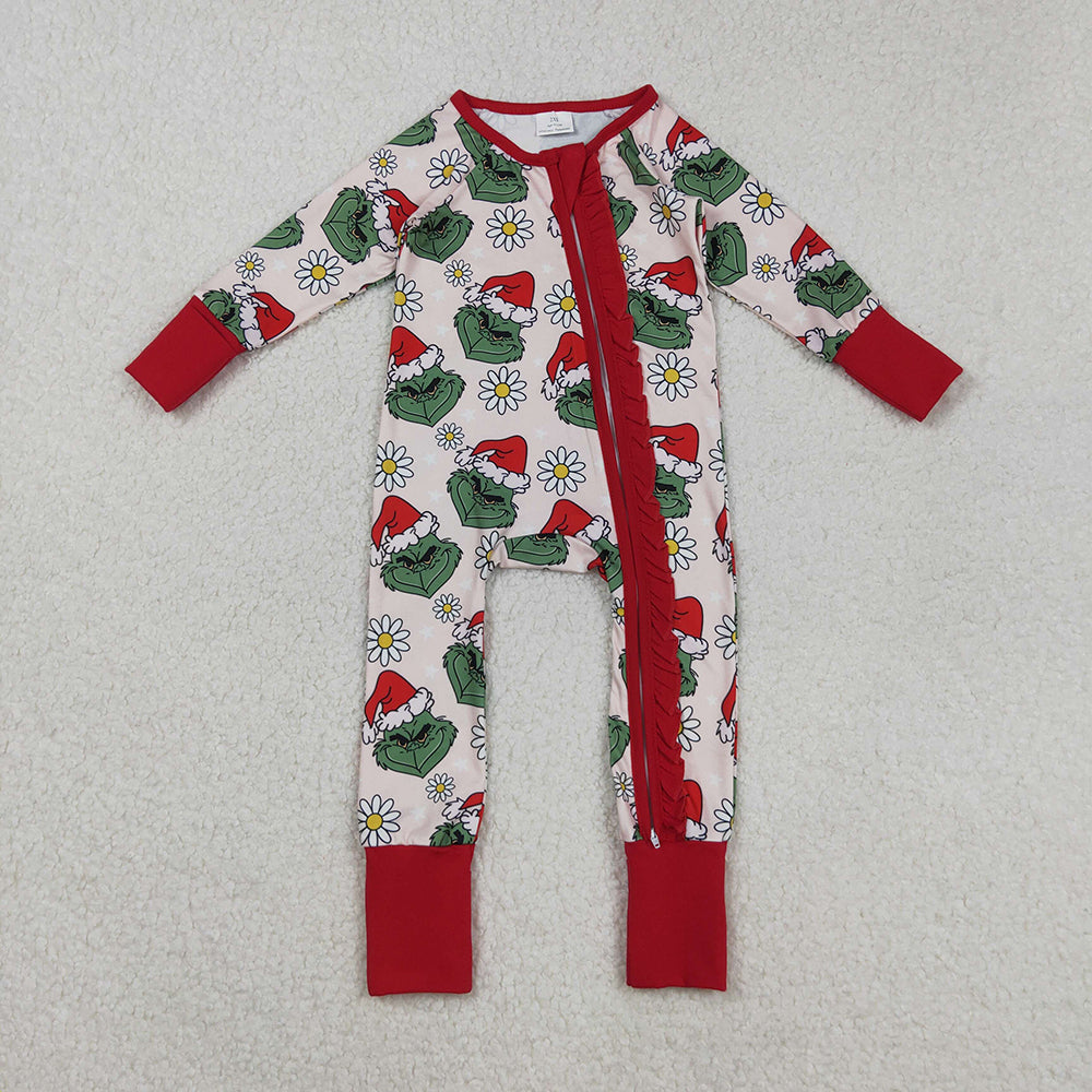 Baby Girls Green Face Flowers Ruffle Zipper Christmas Rompers