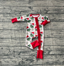 Load image into Gallery viewer, Baby Girls Green Face Flowers Ruffle Zipper Christmas Rompers
