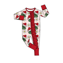 Load image into Gallery viewer, Baby Girls Green Face Flowers Ruffle Zipper Christmas Rompers
