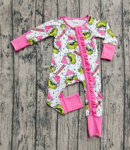 Load image into Gallery viewer, Baby Girls Green Faces Stars Ruffle Zipper Christmas Rompers

