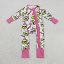 Load image into Gallery viewer, Baby Girls Green Faces Stars Ruffle Zipper Christmas Rompers
