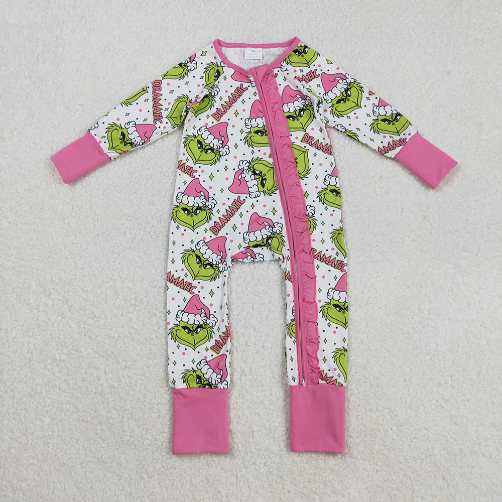 Baby Girls Green Faces Stars Ruffle Zipper Christmas Rompers