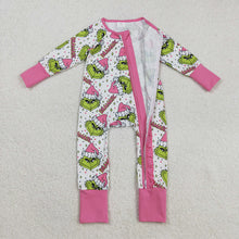 Load image into Gallery viewer, Baby Girls Green Faces Stars Ruffle Zipper Christmas Rompers
