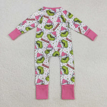 Load image into Gallery viewer, Baby Girls Green Faces Stars Ruffle Zipper Christmas Rompers
