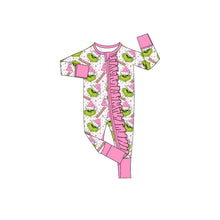Load image into Gallery viewer, Baby Girls Green Faces Stars Ruffle Zipper Christmas Rompers
