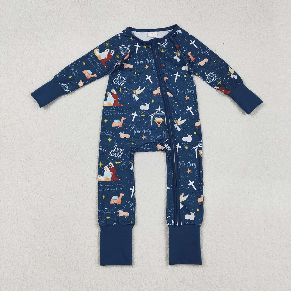 Baby Boys Navy Nativity Christmas Zipper Footie Rompers