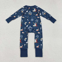 Load image into Gallery viewer, Baby Boys Navy Nativity Christmas Zipper Footie Rompers
