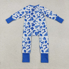 Load image into Gallery viewer, Baby Girls Team Blue Bows Cheer Footballs Ruffle Zipper Footie Rompers
