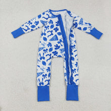 Load image into Gallery viewer, Sibling Baby Girls Blue Bows Footballs Go Team Ruffle Zipper Footie Romper Knee Length Dress

