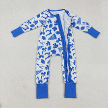 Load image into Gallery viewer, Baby Girls Team Blue Bows Cheer Footballs Ruffle Zipper Footie Rompers
