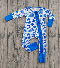 Load image into Gallery viewer, Baby Girls Team Blue Bows Cheer Footballs Ruffle Zipper Footie Rompers
