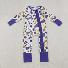 Load image into Gallery viewer, Sibling Baby Girls Purple Bows Footballs Go Team Ruffle Zipper Romper Knee Length Dresses

