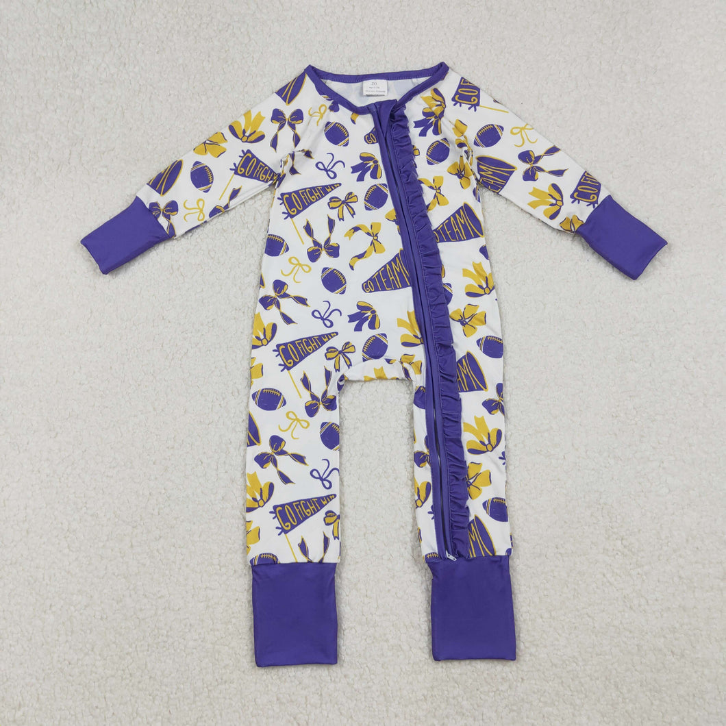Sibling Baby Girls Purple Bows Footballs Go Team Ruffle Zipper Romper Knee Length Dresses