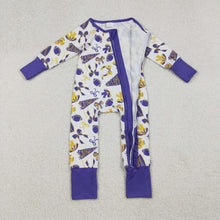 Load image into Gallery viewer, Sibling Baby Girls Purple Bows Footballs Go Team Ruffle Zipper Romper Knee Length Dresses
