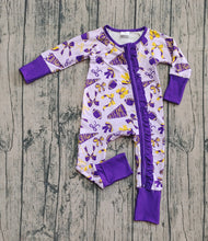 Load image into Gallery viewer, Baby Girls Team Purple Bows Footballs Ruffle Zipper Footie Rompers
