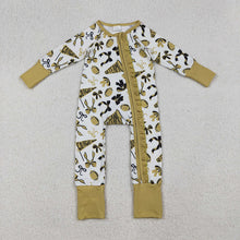 Load image into Gallery viewer, Baby Girls Golden Bows Footballs Ruffle Zipper Team Rompers
