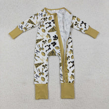 Load image into Gallery viewer, Baby Girls Golden Bows Footballs Ruffle Zipper Team Rompers
