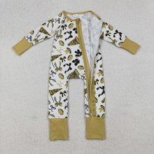 Load image into Gallery viewer, Sibling Baby Girls Gold Bows Footballs Go Team Ruffle Zipper Footie Romper Knee Length Dress
