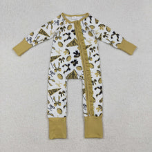 Load image into Gallery viewer, Sibling Baby Girls Gold Bows Footballs Go Team Ruffle Zipper Footie Romper Knee Length Dress
