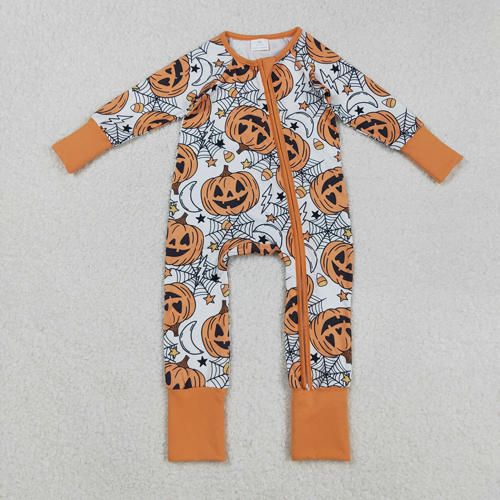 Baby Boys Spider Web Pumpkins Halloween Zipper Footie Rompers