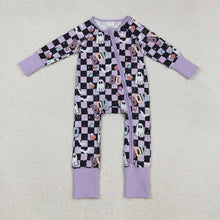 Load image into Gallery viewer, Baby Girls Black Plaid Ghosts Candy Halloween Zipper Footie Rompers
