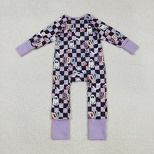 Load image into Gallery viewer, Baby Girls Black Plaid Ghosts Candy Halloween Zipper Footie Rompers
