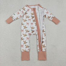 Load image into Gallery viewer, Baby Girls Ducks Bows Plaid Ruffle Zipper Footie Rompers

