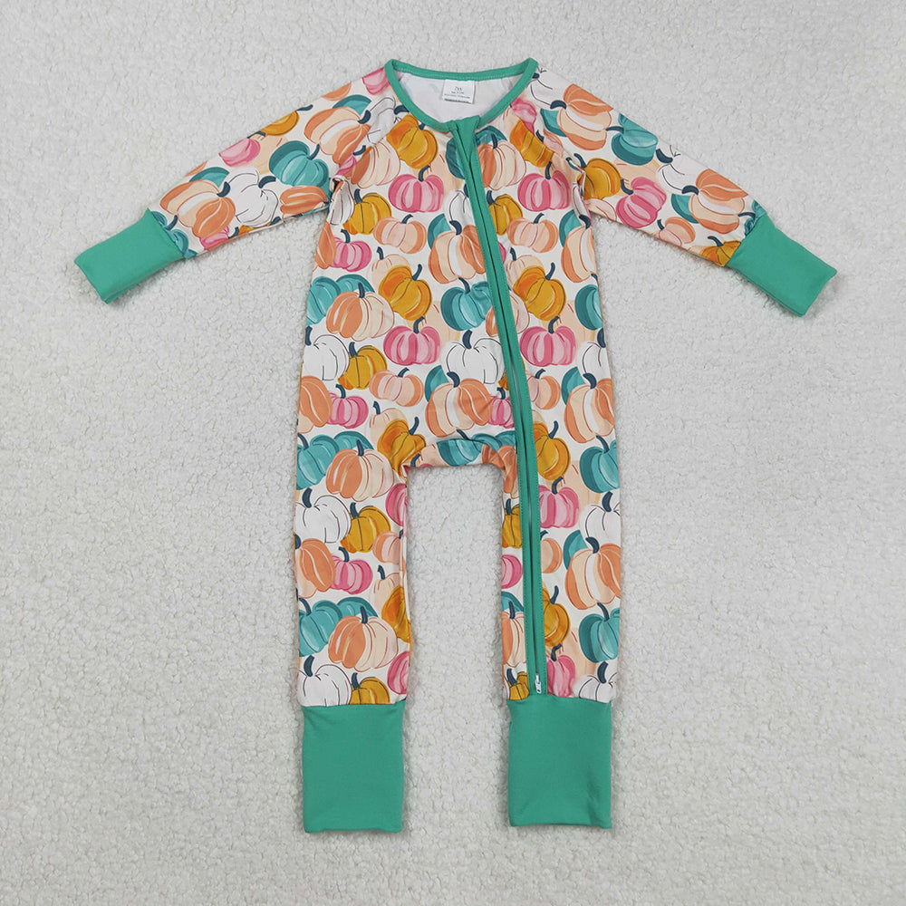 Baby Boys Colorful Pumpkins Plaid Fall Zipper Footie Rompers