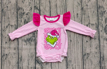 Load image into Gallery viewer, Baby Girls Pink Checked Green Face Christmas Ruffle Sleeve Rompers
