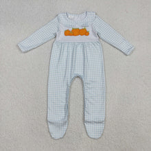 Load image into Gallery viewer, Embroidery Pumpkins Baby Girls Blue Plaid Fall Footed Rompers
