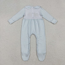 Load image into Gallery viewer, Embroidery Pumpkins Baby Girls Blue Plaid Fall Footed Rompers
