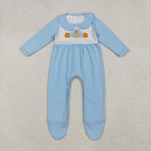 Load image into Gallery viewer, Embroidery Pumpkins Turkey Baby Boys Blue Thanksgiving Footed Rompers
