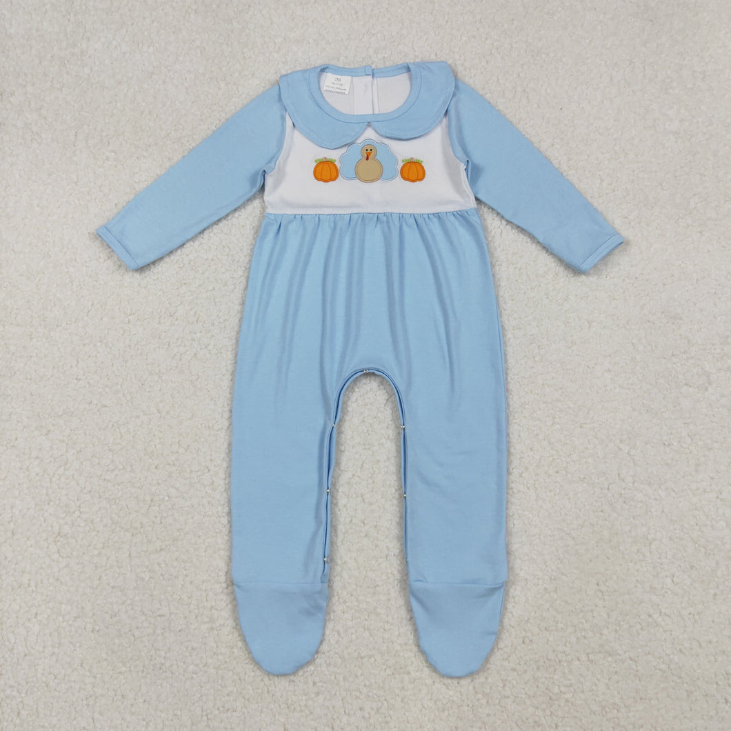 Embroidery Pumpkins Turkey Baby Boys Blue Thanksgiving Footed Rompers