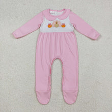 Load image into Gallery viewer, Embroidery Pumpkins Turkey Baby Girls Thanksgiving Pink Fall Footed Rompers
