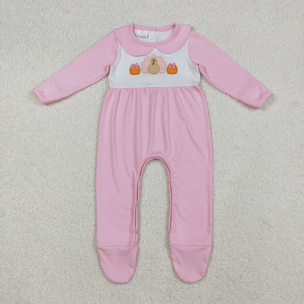 Sibling Embroidery Pumpkins Turkey Baby Infant Thanksgiving Fall Footed Rompers