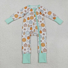 Load image into Gallery viewer, Baby Boys Green Pumpkins Fall Zipper Footie Rompers
