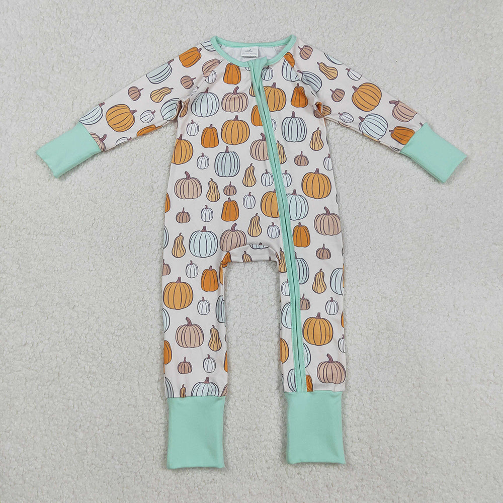 Baby Boys Green Pumpkins Fall Zipper Footie Rompers
