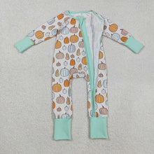 Load image into Gallery viewer, Baby Boys Green Pumpkins Fall Zipper Footie Rompers
