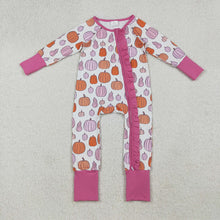 Load image into Gallery viewer, Baby Girls Colorful Pumpkins Fall Ruffle Zipper Footie Rompers

