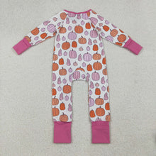 Load image into Gallery viewer, Baby Girls Colorful Pumpkins Fall Ruffle Zipper Footie Rompers
