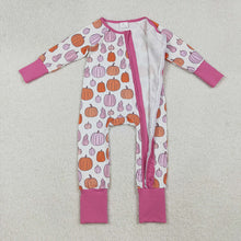 Load image into Gallery viewer, Baby Girls Colorful Pumpkins Fall Ruffle Zipper Footie Rompers
