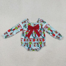 Load image into Gallery viewer, Sibling Baby Girls Lights Green Faces Bows Christmas Knee Length Dress Rompers Bell Pants Clothes Sets
