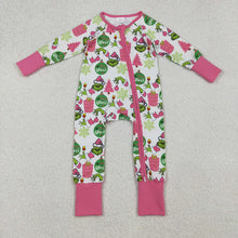 Load image into Gallery viewer, Baby Girls Green Face Gifts Christmas Zipper Footie Rompers

