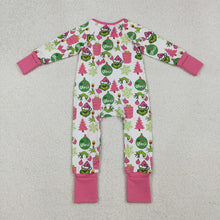 Load image into Gallery viewer, Baby Girls Green Face Gifts Christmas Zipper Footie Rompers
