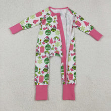Load image into Gallery viewer, Baby Girls Green Face Gifts Christmas Zipper Footie Rompers
