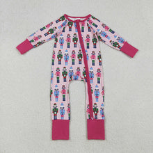 Load image into Gallery viewer, Baby Girls Christmas Soldiers Pink Zipper Footie Rompers
