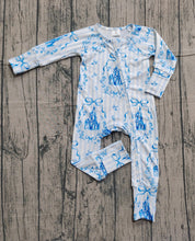 Load image into Gallery viewer, Baby Girls Blue Stripe Bows Castles Two Way Zip Convertible Rompers
