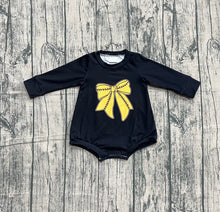 Load image into Gallery viewer, Baby Girls Black Long Sleeve Gold Baseballs Bows Team Rompers
