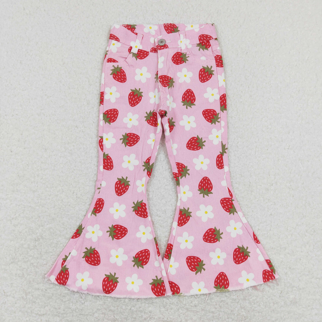 Sibling Baby Girls Floral Strawberry Bell Bottom Denim Jeans Pants