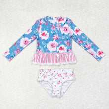 Load image into Gallery viewer, Baby Girls Blue Flowers Long Sleeve Two Pieces Swimsuits
